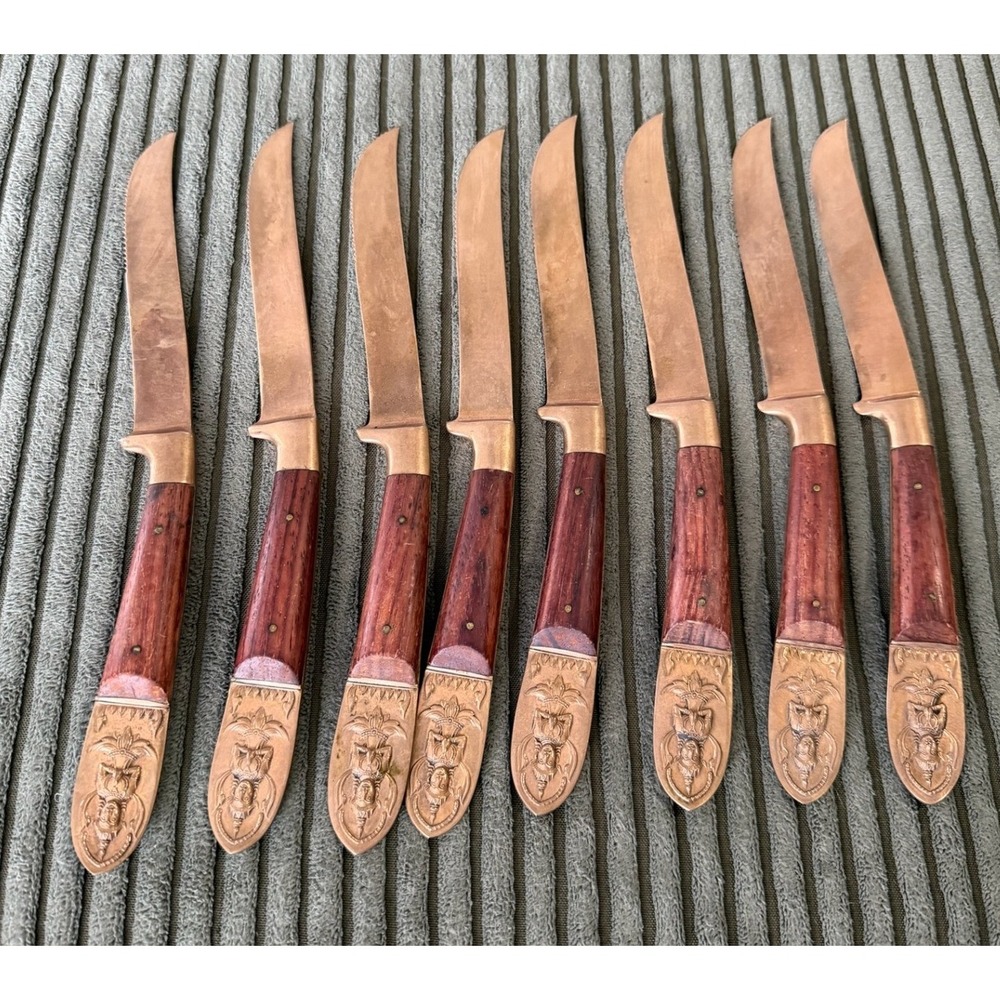 Vintage Set of 8 Beng Hwa Made in Siam Brass Handle Wood Blade Steak‎ Knives MCM